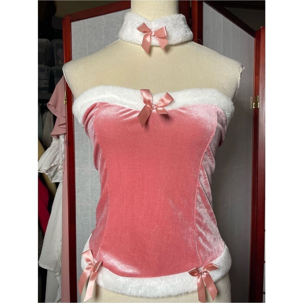 Pink Velvet Faux-Fur Trim Corset Bodice with Fluffy White Collar (Size: Large) - Picture 2 of 12